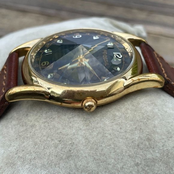 Fossil Men Watch Gold Tone Case Pyramid Crystal Brown Braided Leather Band Analo - Picture 2 of 13